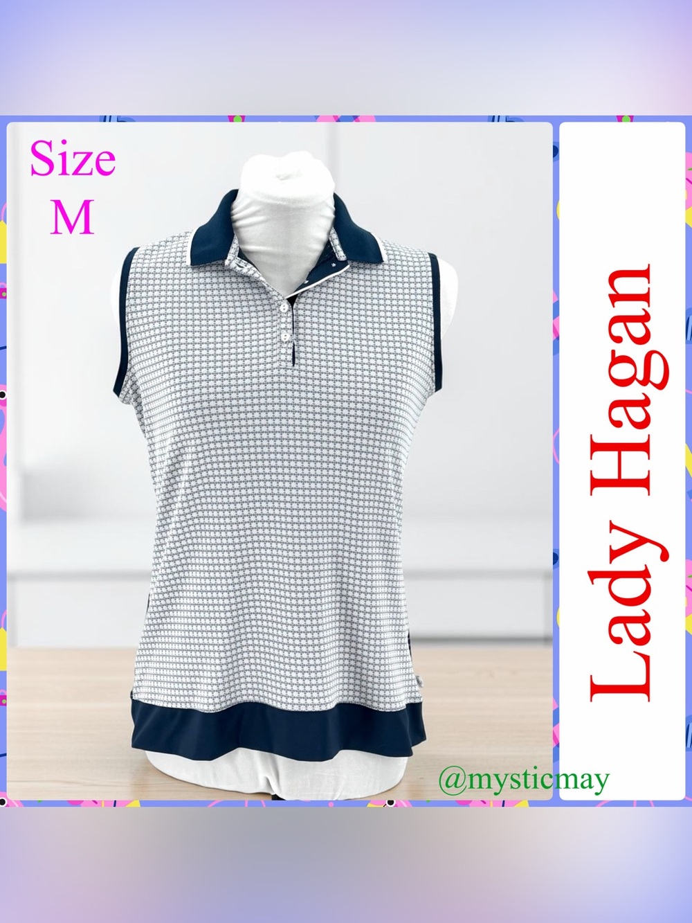 LADY HAGEN Navy Blue w Gray GEOMETRIC PRINT SLEEVELESS POLO Shirt Golf Top Sz M